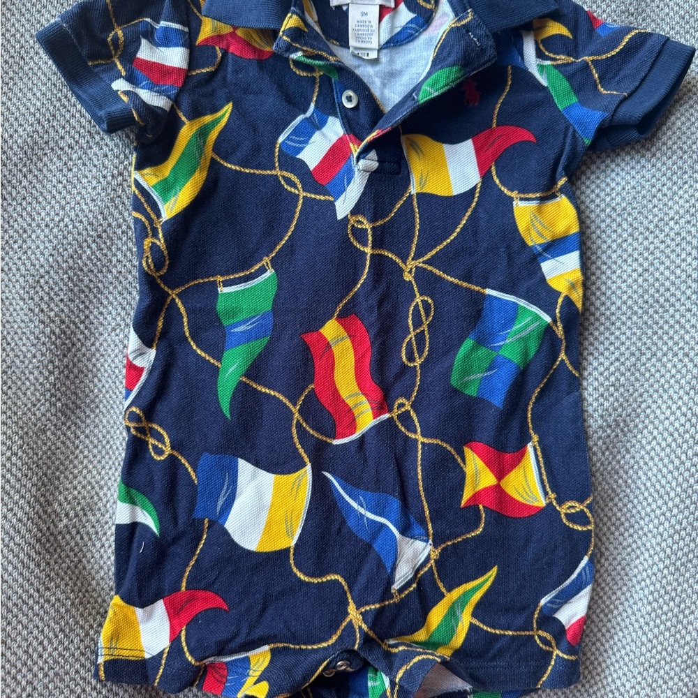 Ralph Lauren Nautical Flag Print Polo Onesie - Size 9 Months